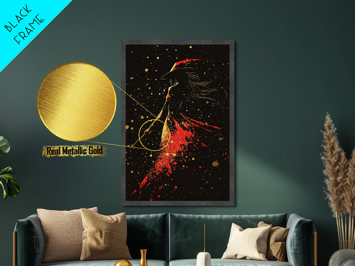 Red Cloaked Witch Metallic Gold Art Metal Art | Creepy Gothic Halloween Wall Decor | Spooky Sorceress Artwork with Wood Frame