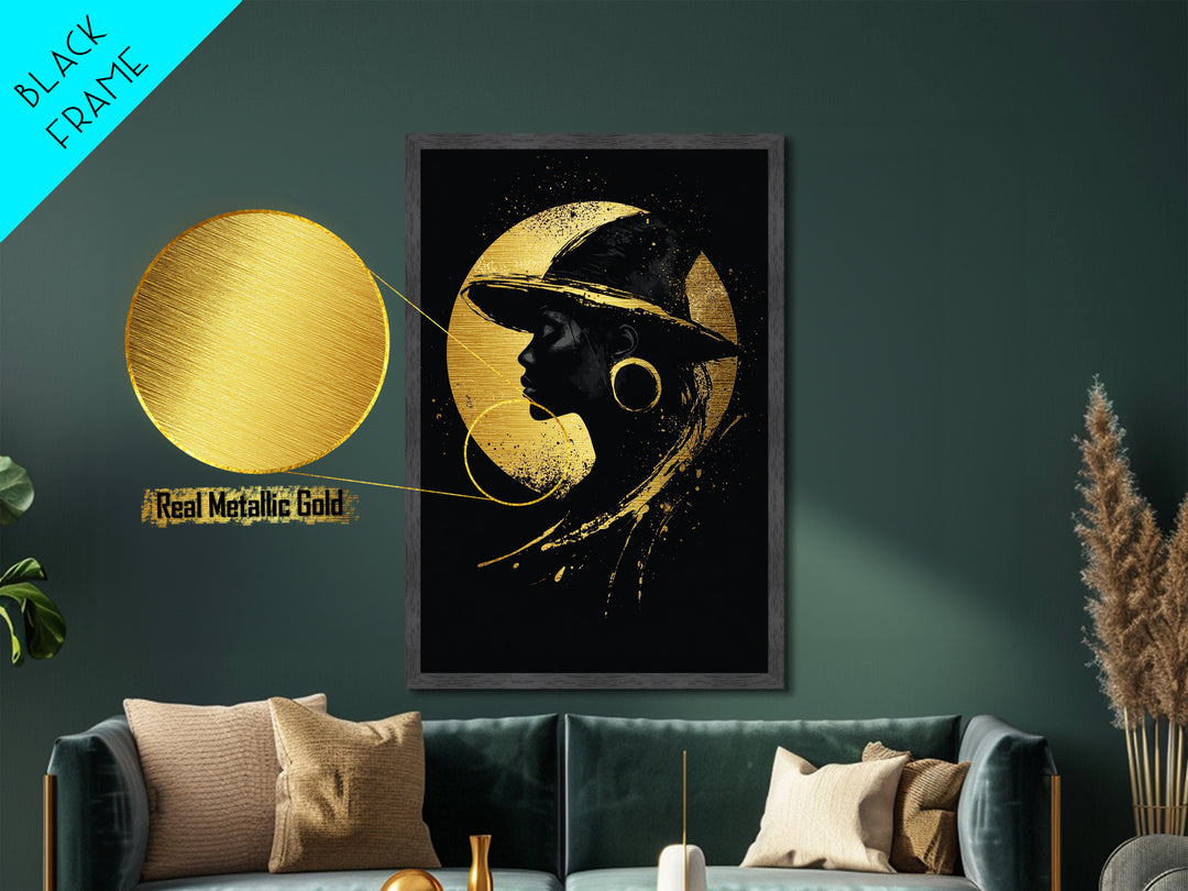 Gothic Witch Silhouette Metallic Gold Art Metal Art | Witchy Halloween Portrait in Real Wood Frame | Haunted Spooky Season Print