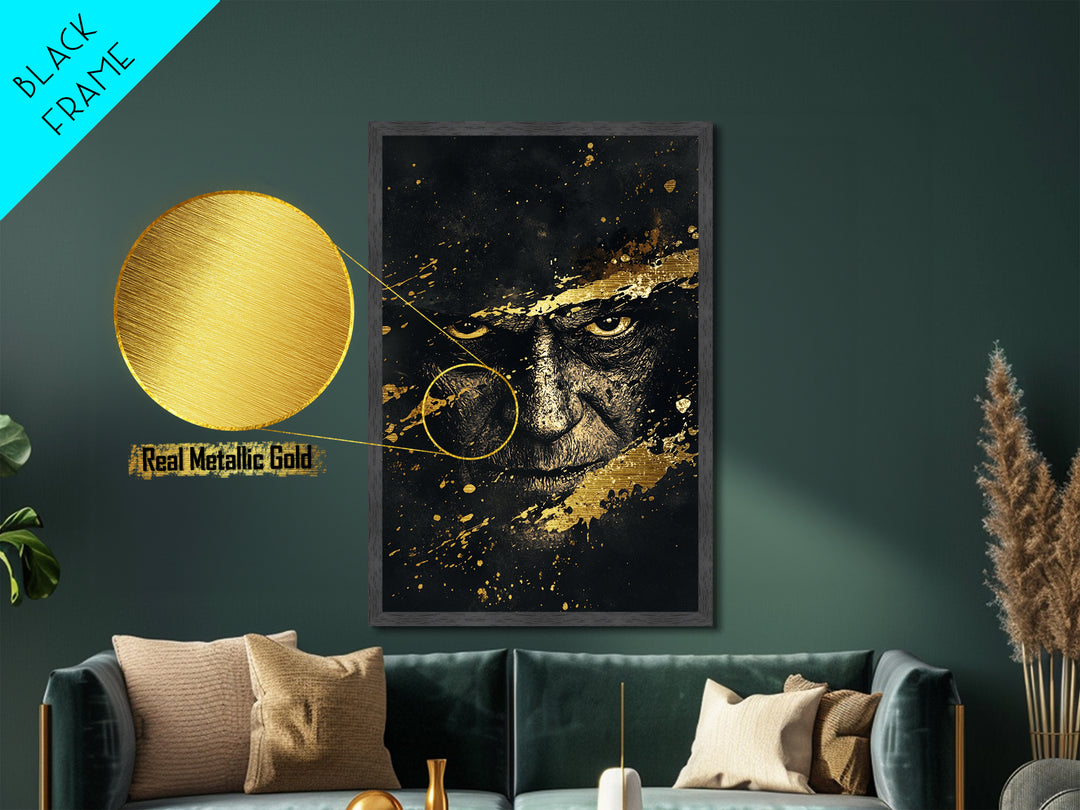 Dark Sorcerer Metallic Gold Art Metal Art | Haunted Gothic Portrait Halloween Wall Decor with Real Wood Frame | Spooky Print