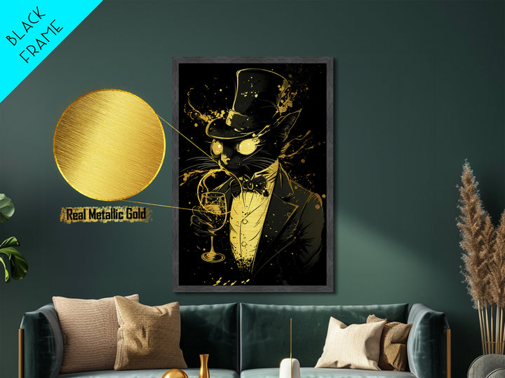 Black Cat in Top Hat Metallic Gold Art Metal Art | Spooky Season Halloween Decor | Framed in Real Wood Gothic Haunted Artwork