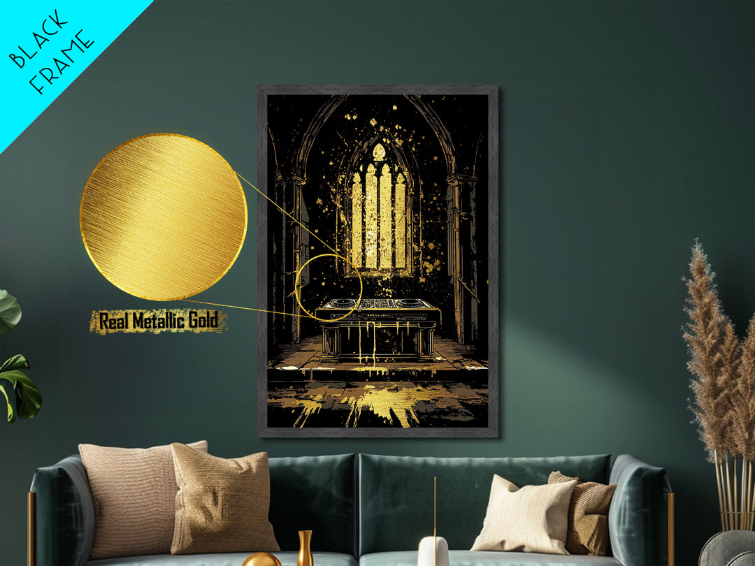 Haunted Cathedral DJ Booth Metallic Gold Art Metal Art Gothic Halloween Wall Decor Spooky Music Party Scene in Real Wood Frame