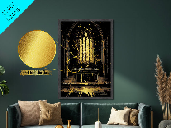 Haunted Cathedral DJ Booth Metallic Gold Art Metal Art Gothic Halloween Wall Decor Spooky Music Party Scene in Real Wood Frame
