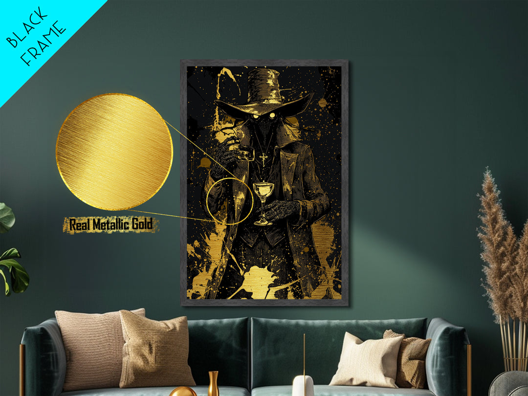 Witchy Plague Doctor Metallic Gold Art Metal Art Gothic Horror Halloween Print With Natural Wood Frame For Spooky Season