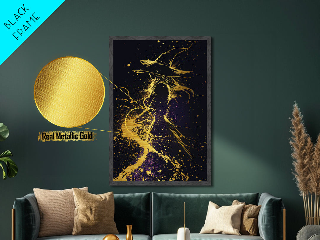 Mystical Witch Silhouette Metallic Gold Art Metal Art Spooky Season Halloween Decor With Framing In Natural Real Wood