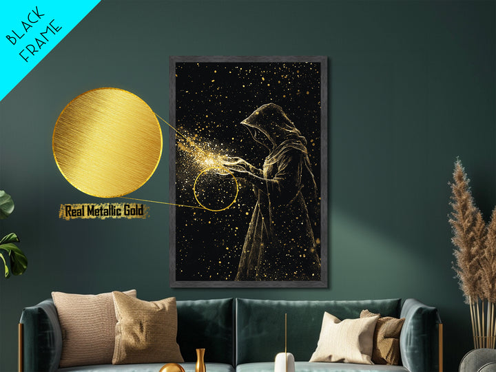 Enchanted Hooded Figure Metallic Gold Art Metal Art Halloween Spooky Wall Art Framed In Natural Wood For Gothic Home