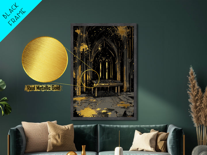 Spooky Gothic Church Metallic Gold Art Metal Art Halloween Wall Decor Haunted Cathedral Nightclub Vibe in Real Wood Frame