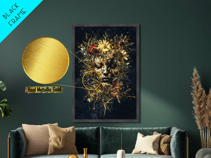 Floral Gothic Mask Metallic Gold Art Metal Art Creepy Halloween Portrait Print Framed In Real Wood For Spooky Home Decor