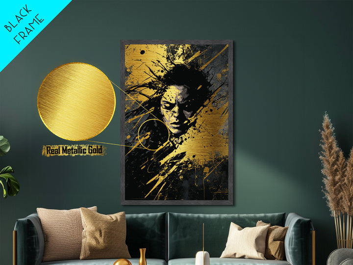 Sinister Face Metallic Gold Art Haunted Halloween Portrait, Gothic Metal Art Spooky Season Wall Design, With Real Wood Framing