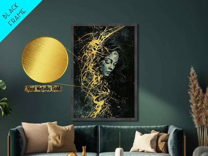 Whimsical Witch Metallic Gold Art Spooky Portrait, Halloween Metal Art Haunted Illustration, Framed In Real Wood For Gothic Decor