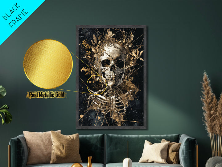 Skeleton Skull with Flowers Metallic Gold Art Metal Art Gothic Halloween Wall Decor Spooky Skeleton Illustration in Real Wood Frame