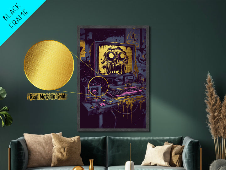 Haunted Computer Metallic Gold Art Creepy Tech Horror, Spooky Season Metal Art For Halloween, Gothic Wall Piece In Real Wood Frame