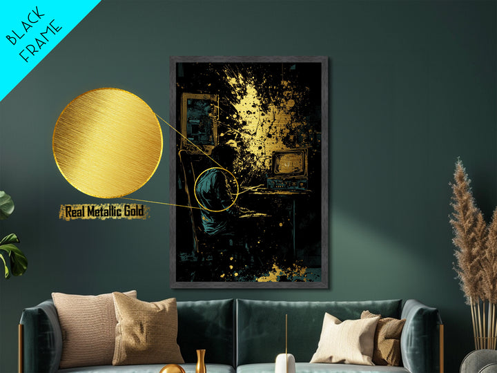 Haunted Horror Scene Metallic Gold Art Metal Art | Creepy Halloween Wall Decor in Real Wood Frame Gothic Spooky Season Print