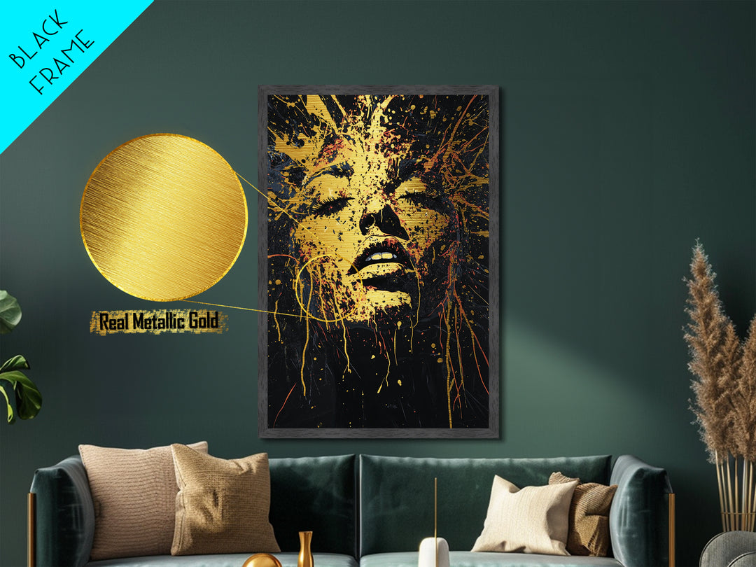 Witchy Woman Metallic Gold Art Metal Art | Gothic Halloween Portrait with Natural Wood Framed Design Spooky Witch Wall Hanging
