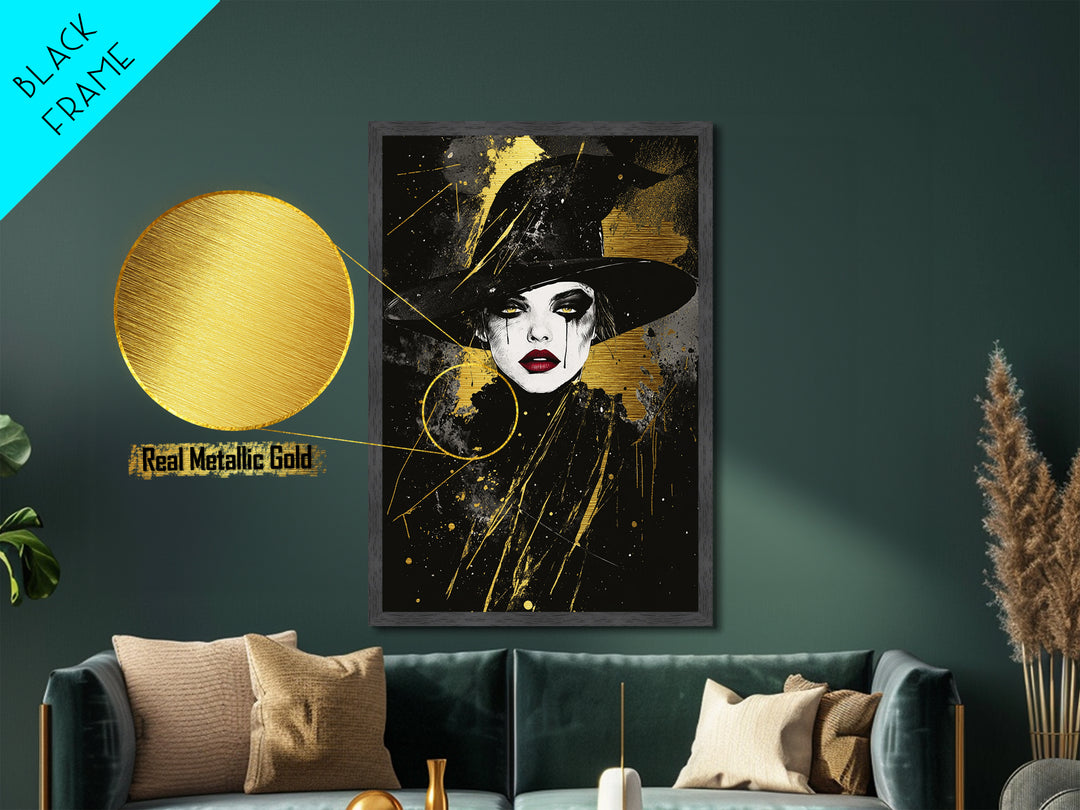 Spooky Witch Hat Metallic Gold Art Metal Art | Gothic Halloween Wall Print Crafted with Natural Wood Frame for Haunted Home Decor