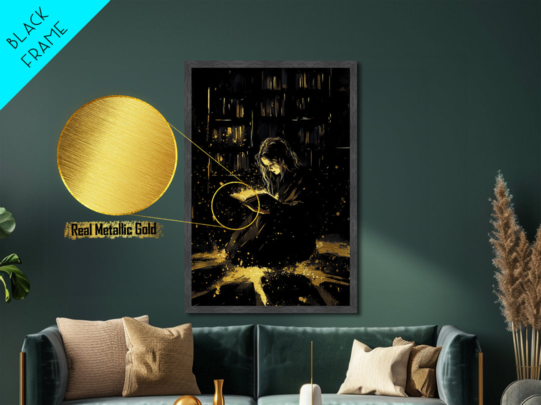 Dark Gothic Character Metallic Gold Art Metal Art | Haunted Spooky Season Wall Decor with Natural Wood Frame for Creepy Halloween