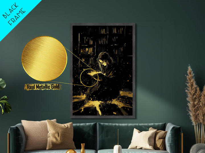 Dark Gothic Character Metallic Gold Art Metal Art | Haunted Spooky Season Wall Decor with Natural Wood Frame for Creepy Halloween