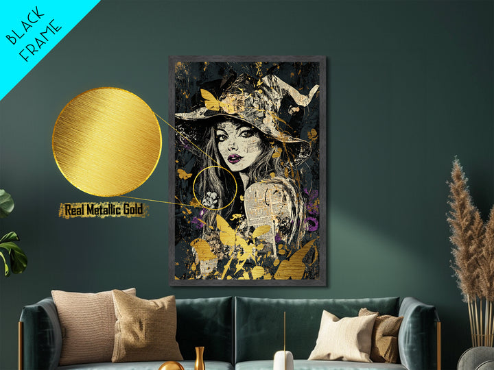 Witch Hat Woman Portrait Metallic Gold Art Metal Art Halloween Wall Decor Spooky Gothic Witchy Illustration in Real Wood Frame