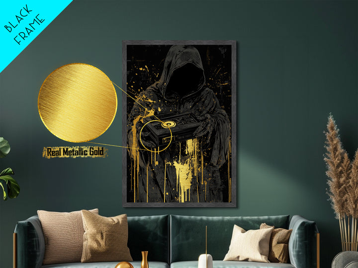 Dark Reaper with Turntable Metallic Gold Art, Spooky DJ Death Metal Art, Horror Halloween Wall Hanging in Solid Wood Frame