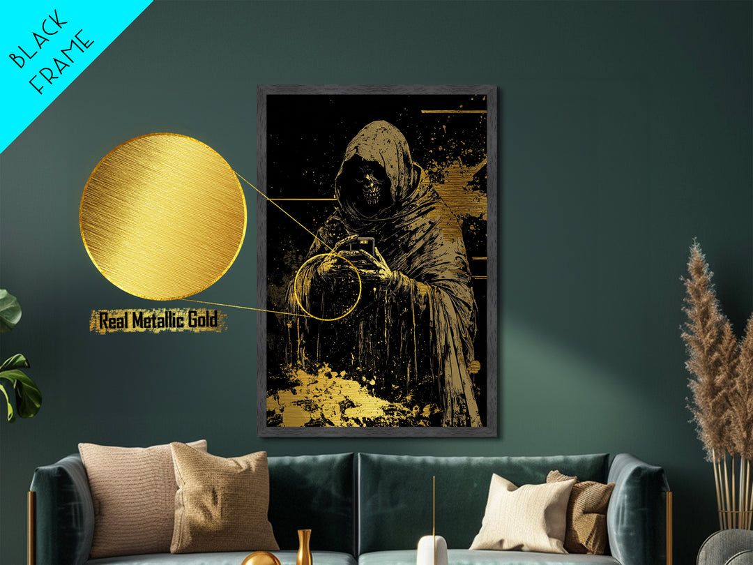 Gothic Skeleton Reaper Metallic Gold Art, Creepy Hooded Death Metal Art, Haunted Halloween Horror Decor with Real Wood Framing