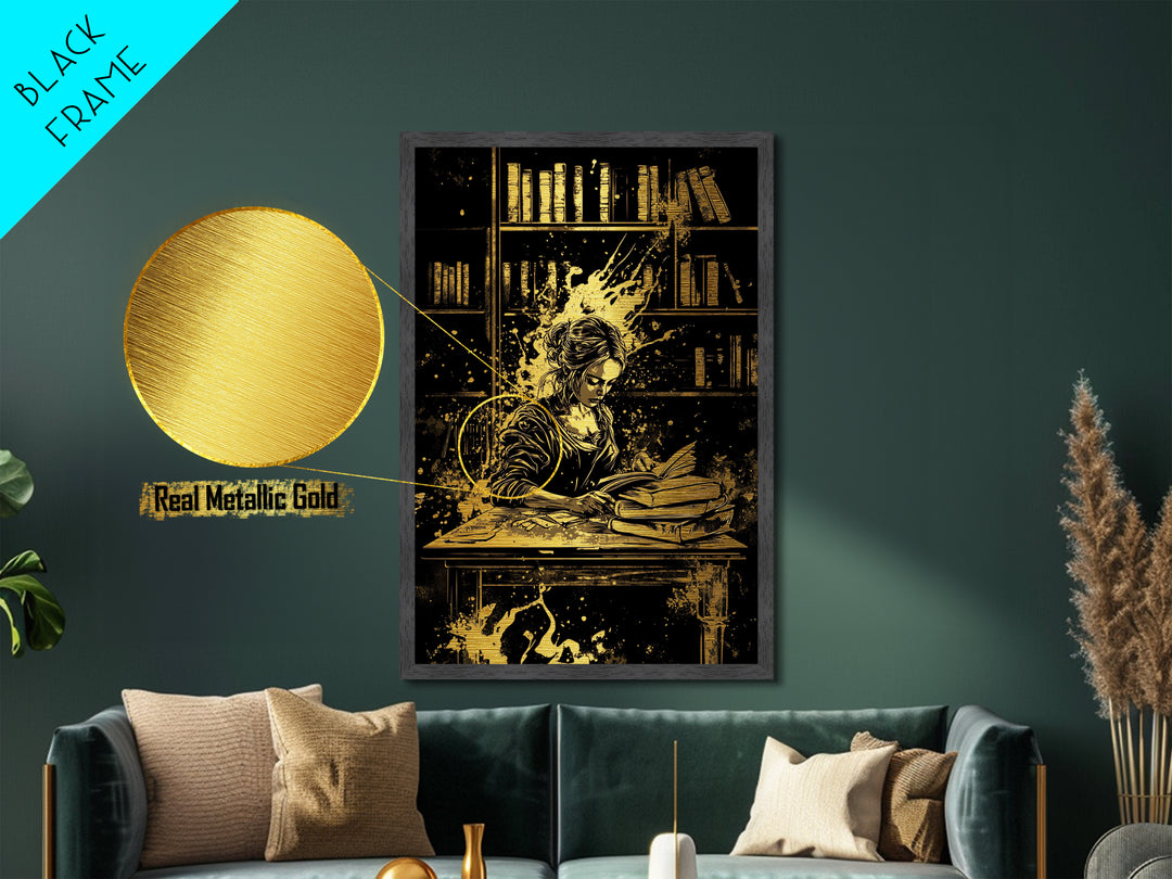 Witchy Woman in Library Metallic Gold Art, Gothic Scholar Halloween Metal Art, Spooky Season Wall Print with Natural Wood Frame
