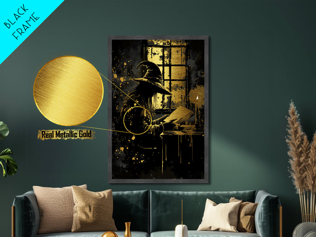 Creepy Witch Reading Candlelight Metallic Gold Art, Haunted Gothic Wizard Metal Art, Halloween Decor Framed in Authentic Wood