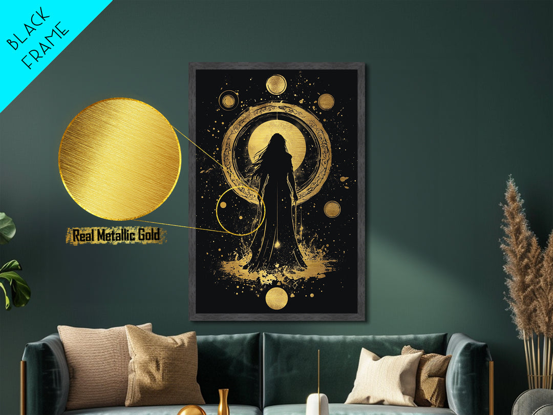 Cosmic Goddess Metallic Gold Art, Spooky Celestial Halloween Metal Art, Gothic Witchy Season Decor Framed in Natural Wood
