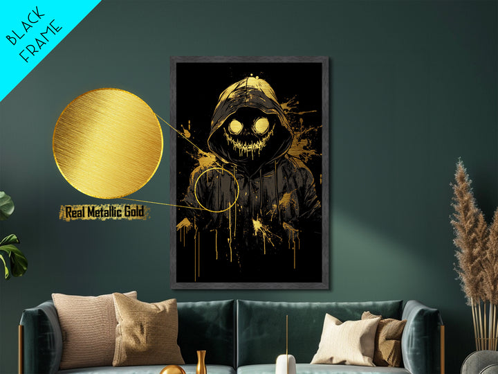 Grinning Pumpkin Spirit Metallic Gold Art, Spooky Halloween Hooded Monster Metal Art, Gothic Horror Print in Real Wooden Frame