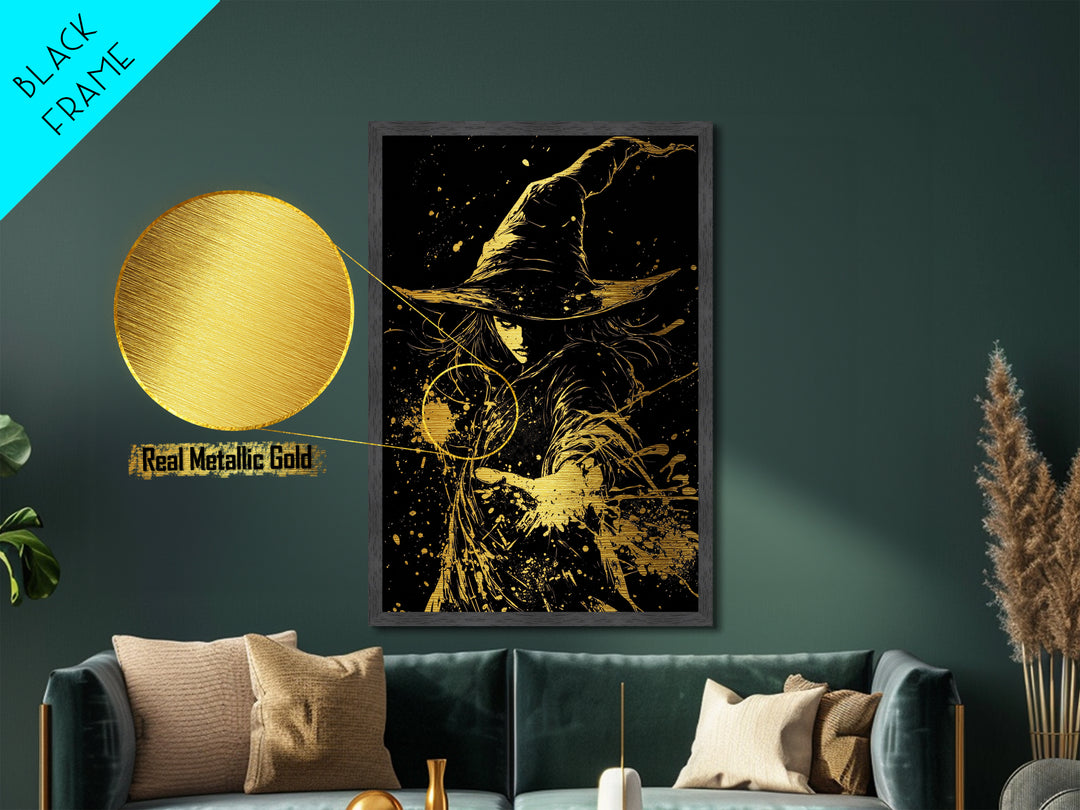 Witch Casting Spell Metallic Gold Art Metal Art Halloween Wall Decor Spooky Sorceress Gothic Magic Artwork in Real Wood Frame