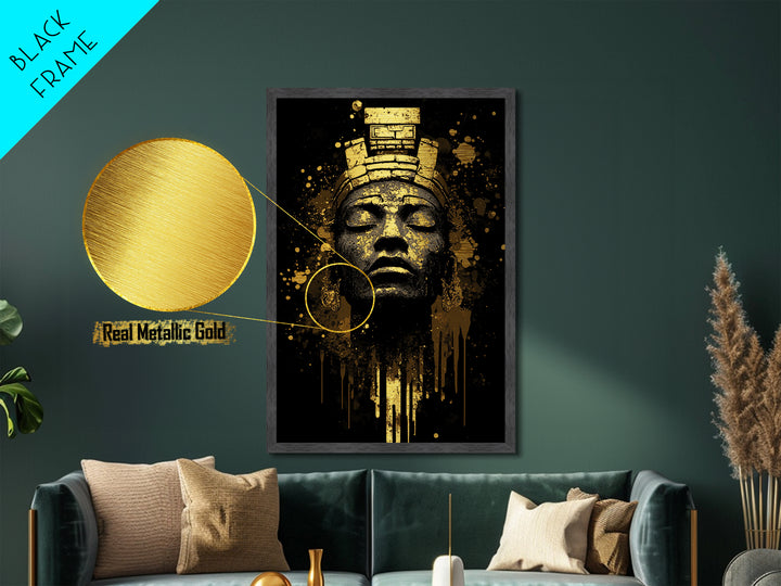Ancient Gothic Idol Metallic Gold Art, Haunted Masked Statue Metal Art, Spooky Season Horror Wall Decor with Framed Real Wood