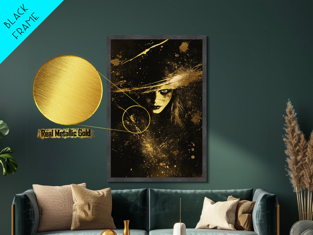 Witchy Haunted Portrait Metallic Gold Art, Gothic Horror Metal Art Print with Real Wood Framing, Spooky Season Wall Decor