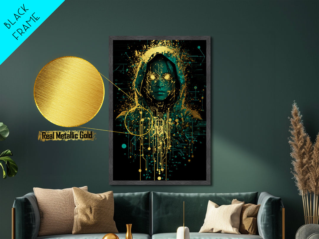 Cyberpunk Hooded Spirit Metallic Gold Art, Futuristic Horror Metal Art Print with Real Wood Frame for Spooky Season Decor