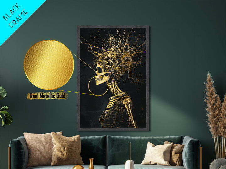 Creepy Skeleton Skull Burst Metallic Gold Art, Gothic Halloween Horror Metal Art Print with Natural Wood Framing