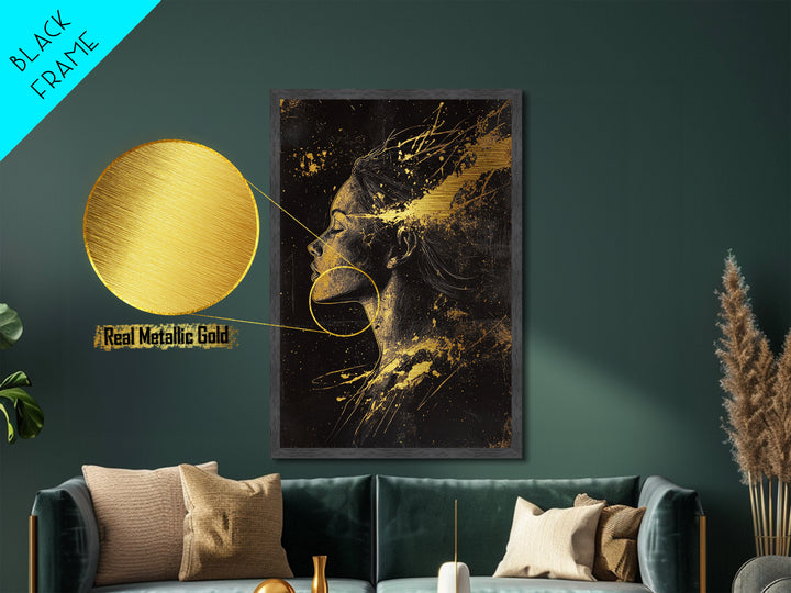 Haunted Spirit Silhouette Metal Art, Metallic Gold Art Profile Portrait with Spooky Splatter Style, Real Wood Frame Decor