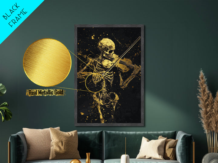 Skeleton Violinist Metallic Gold Art, Spooky Halloween Music-Inspired Metal Art Print Framed in Natural Real Wood
