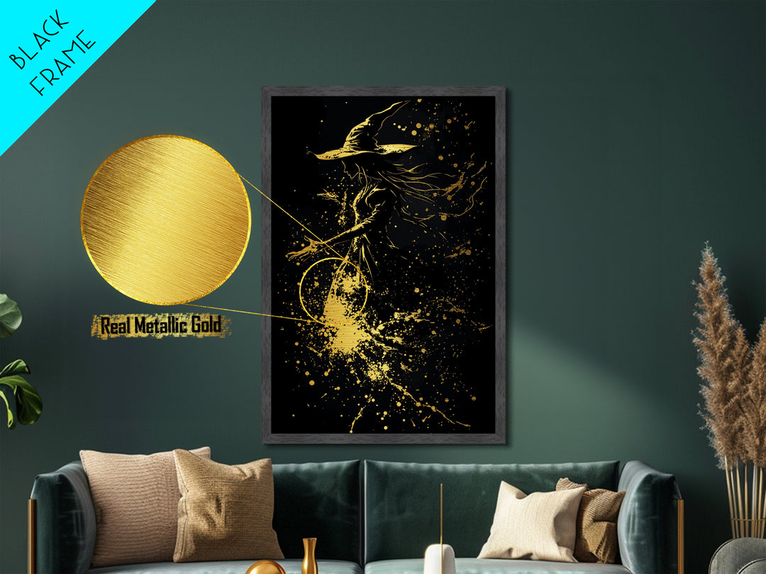 Ghost Tree with Golden Lights Metallic Gold Art | Creepy Haunted Forest Metal Art in a Real Wood Frame for Gothic Halloween Style