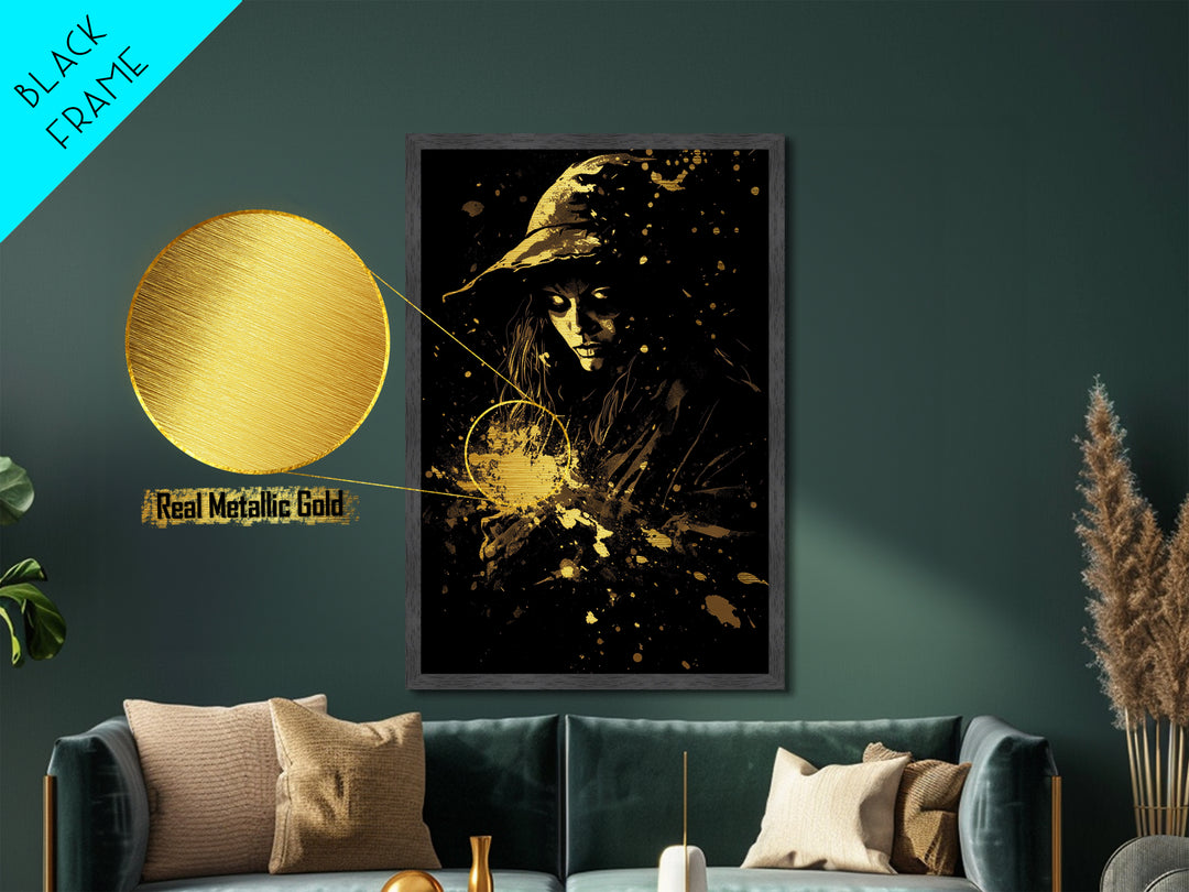 Golden Witch Under Starlight Metallic Gold Art | Haunted Night Metal Art in Real Wood Frame for Spooky Season Halloween Wall Art