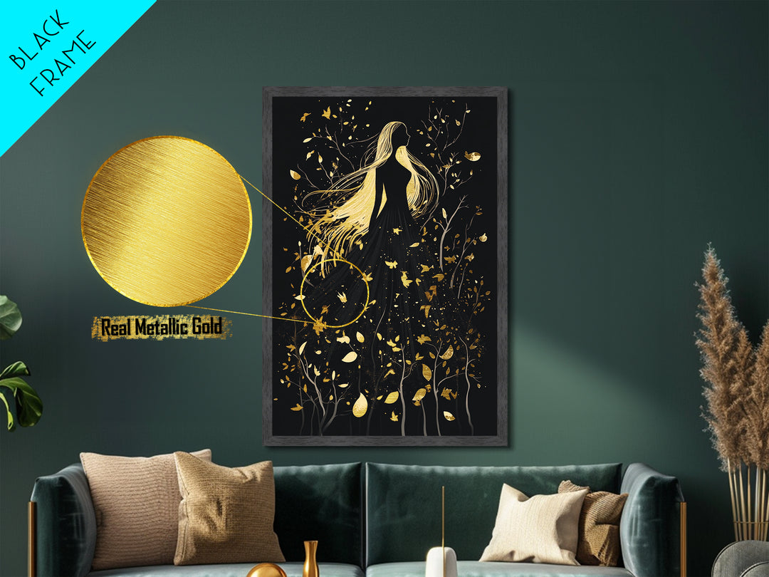 Creepy Feathered Profile Metallic Gold Art | Gothic Silhouette Metal Art with Real Wood Frame for Spooky Season Halloween Wall Decor