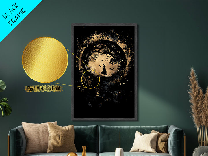 Witch Portrait in Golden Splatter Metallic Gold Art | Gothic Halloween Metal Art Framed with Real Wood for Spooky Season Wall Decor