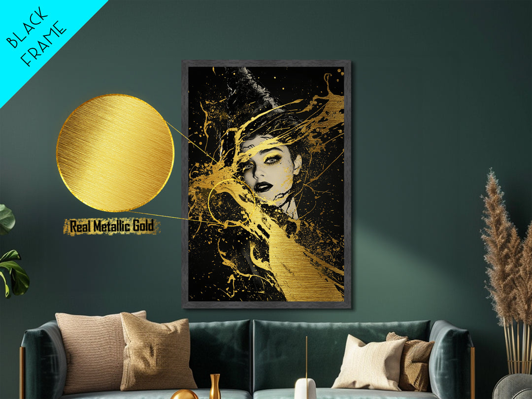 Mystical Face in Gold Splatter Metallic Gold Art | Haunted Gothic Metal Art with Real Wood Frame for Spooky Season Halloween Wall Decor