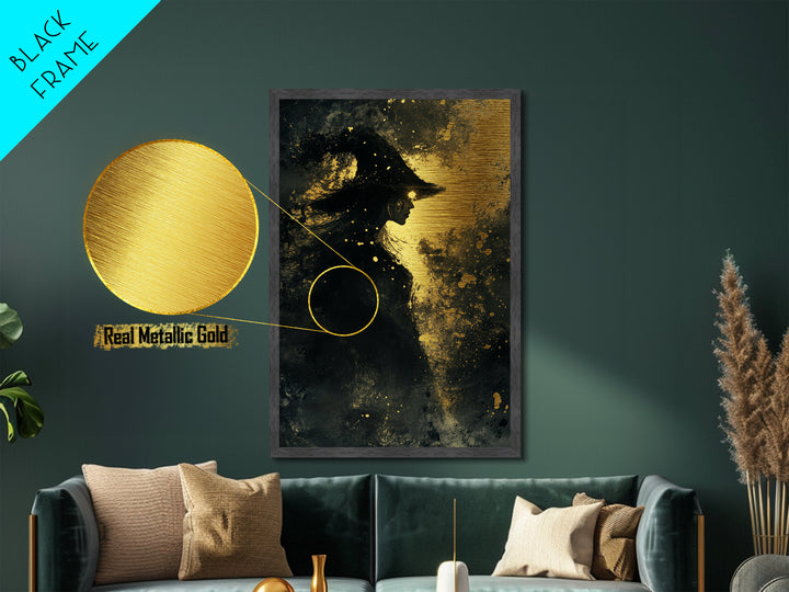 Witchy Halloween Metallic Gold Art Metal Art – Gothic Witch Silhouette in Natural Wood Frame, Spooky Season Wall Decor