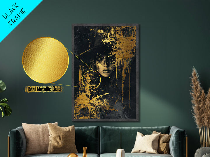 Haunted Sorceress Portrait Metallic Gold Art Metal Art – Spooky Gothic Halloween Wall Hanging in Real Wood Frame
