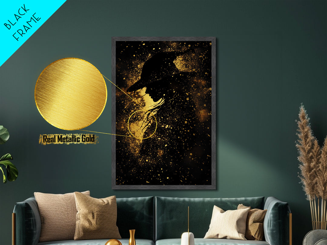 Creepy Witch Silhouette Metallic Gold Art Metal Art – Spooky Season Decor Framed in Rustic Real Wood, Halloween Wall Art