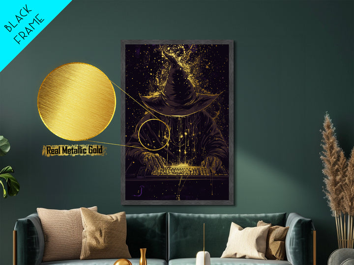 Dark Wizard Hacker Metallic Gold Art Metal Art – Spooky Tech Witch Wall Print with Real Wood Frame, Haunted Season Decor