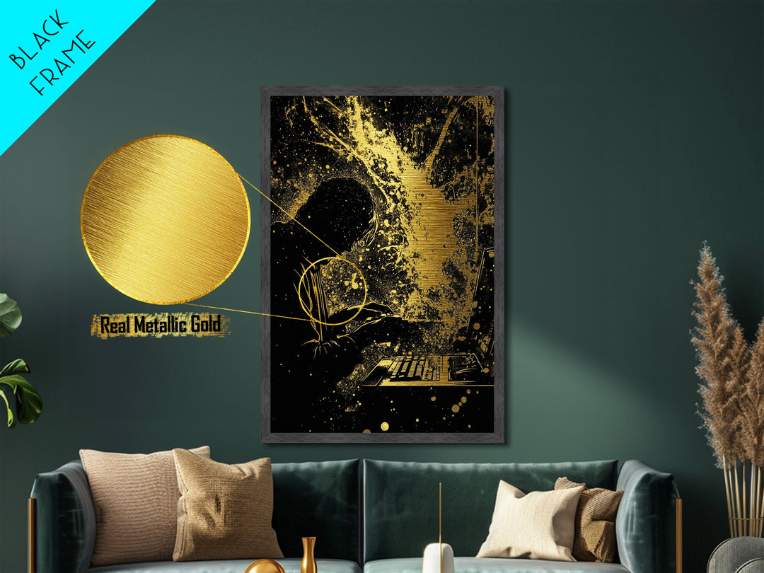 Cyber Spooky Hacker Metallic Gold Art Metal Art – Creepy Halloween Digital Sorcery Print in Real Wood Frame, Gothic Wall Art