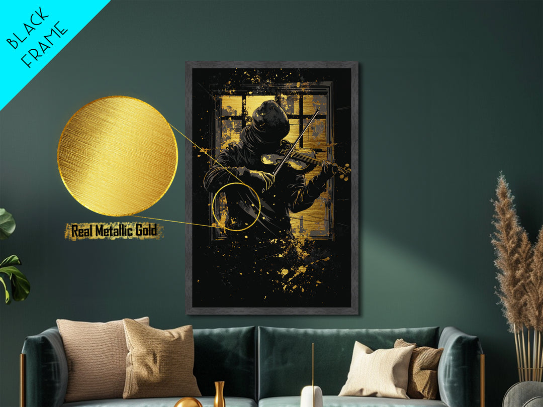 Mysterious Hooded Violinist Metallic Gold Art Metal Art – Spooky Musician Halloween Print with Real Wood Frame Gothic Wall Hanging