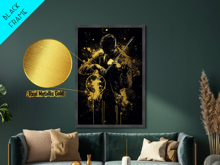 Haunted Musician Metallic Gold Art Metal Art – Gothic Violinist Silhouette in Real Wood Frame, Spooky Season Halloween Wall Art