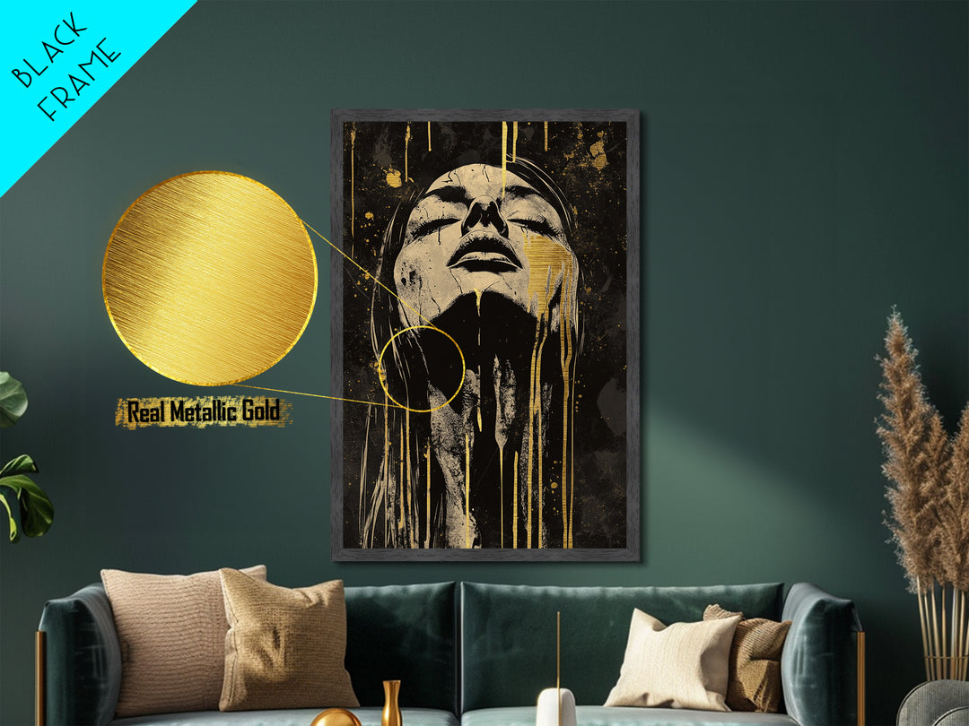 Haunting Metallic Gold Art Creepy Face | Horror Inspired Metal Art | Spooky Gothic Wall Print with Real Wood Frame