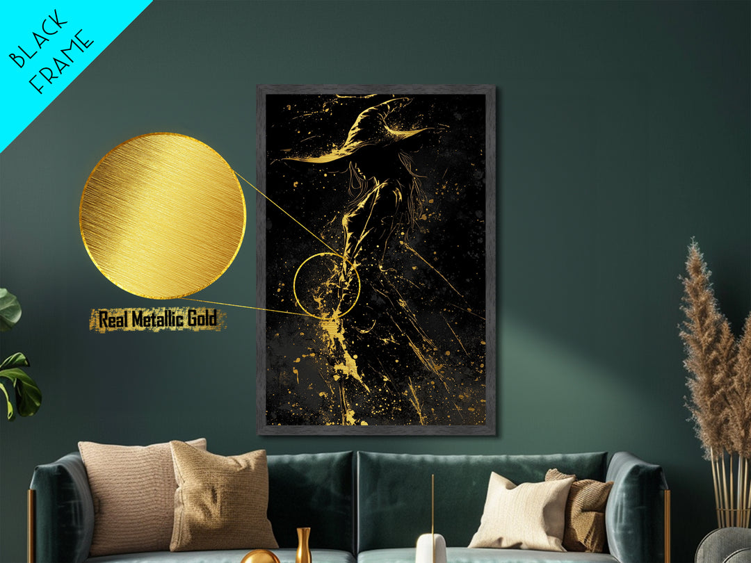 Metal Art Witch Portrait in Metallic Gold | Haunted Spooky Wall Print | Halloween Gothic Decor with Solid Wood Frame