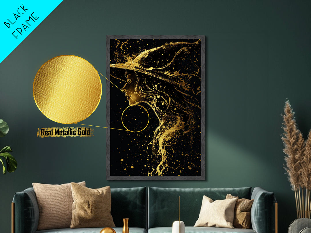 Halloween Metallic Gold Art Witch Silhouette | Spooky Metal Art | Haunted Gothic Wall Decor in Authentic Wood Frame