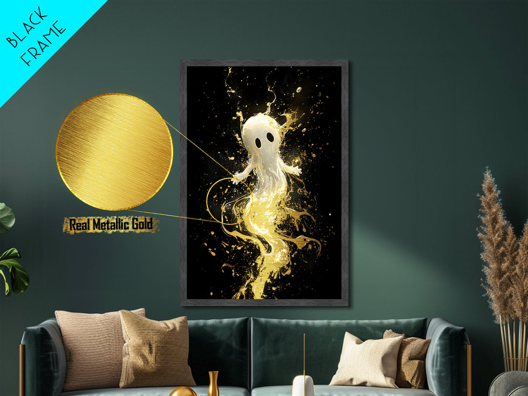 Cute Ghost Floating in Gold Splatter – Metallic Gold Art, Halloween Metal Art Print with Real Wood Frame, Whimsical Spooky Decor